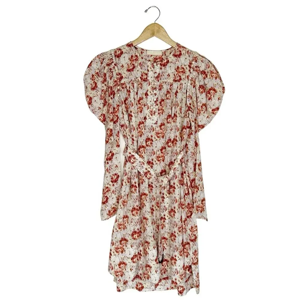 ULLA JOHNSON Floral Puff Sleeve Belted Silk Mini Elaine Dress